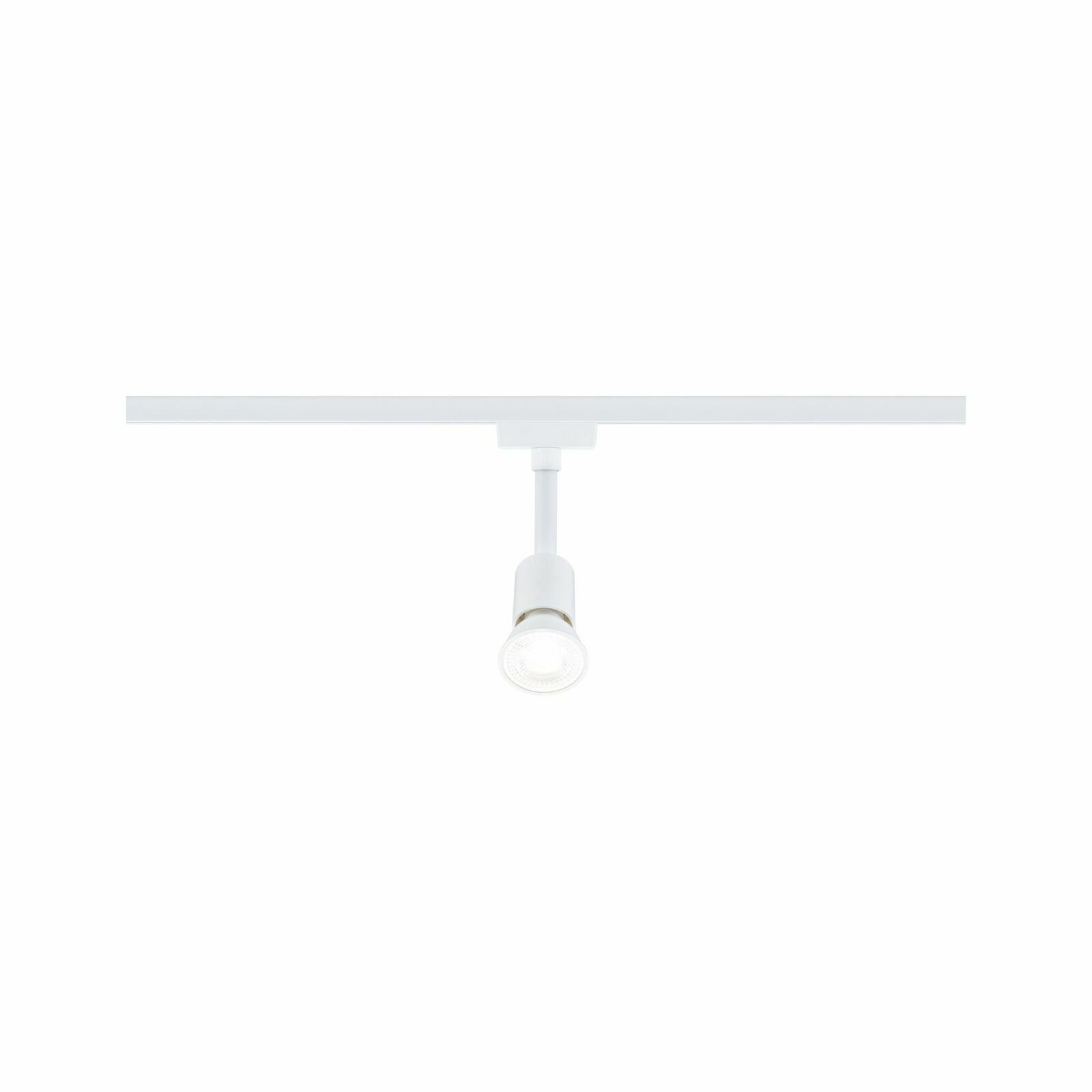 Weißer Schienenspot Salt, frontal abgebildet, mit einem einzelnen, verstellbaren Leuchtkopf an einer geraden Schiene.