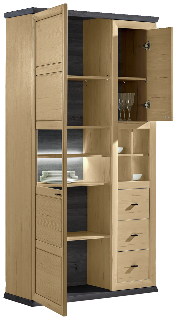 Hom´in Vitrine BENTON Geöffnete Vitrine aus Holz mit mehreren Regalböden, Schubladen und Glastüren, seitliche Perspektive