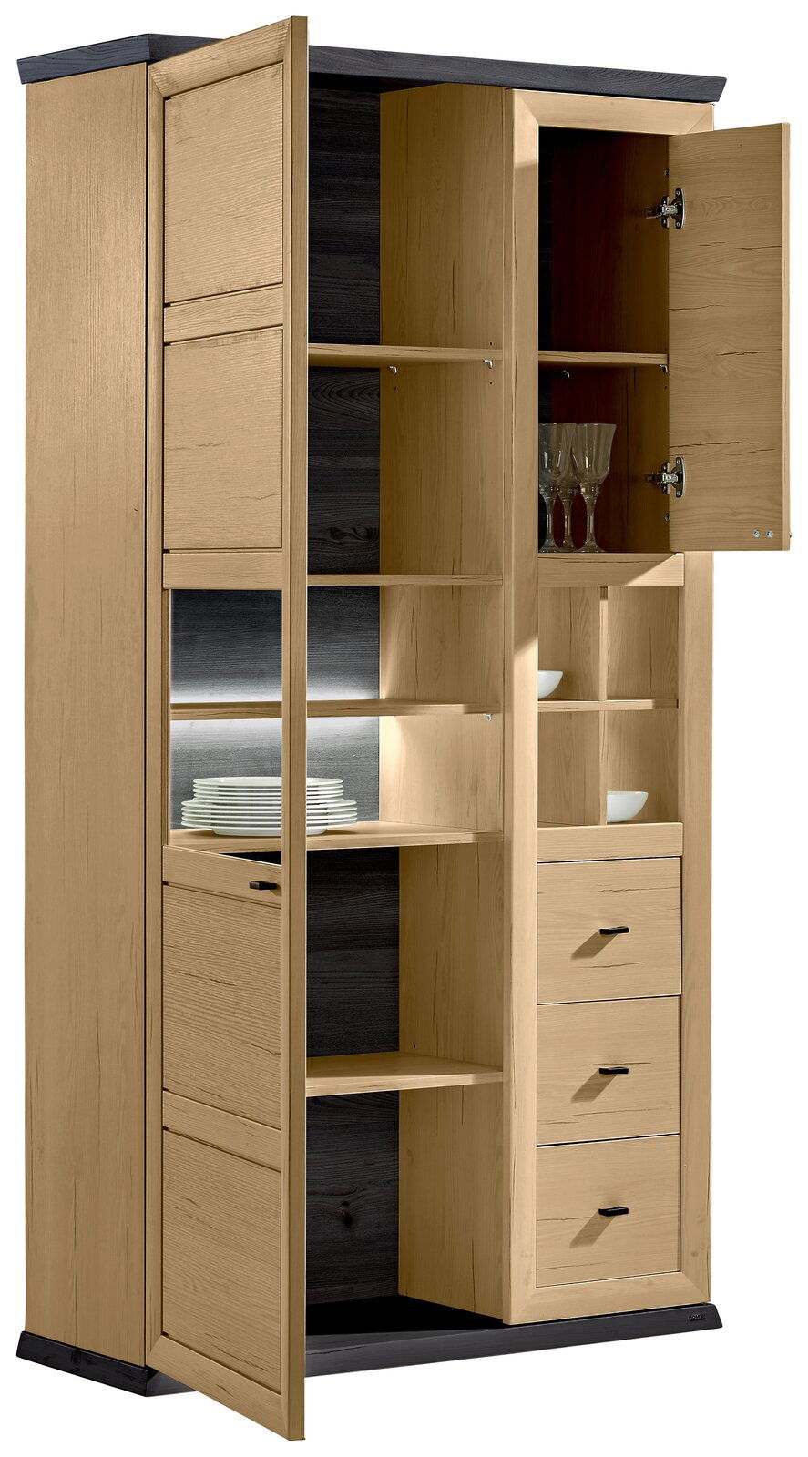 Geöffnete Vitrine aus Holz mit mehreren Regalböden, Schubladen und Glastüren, seitliche Perspektive