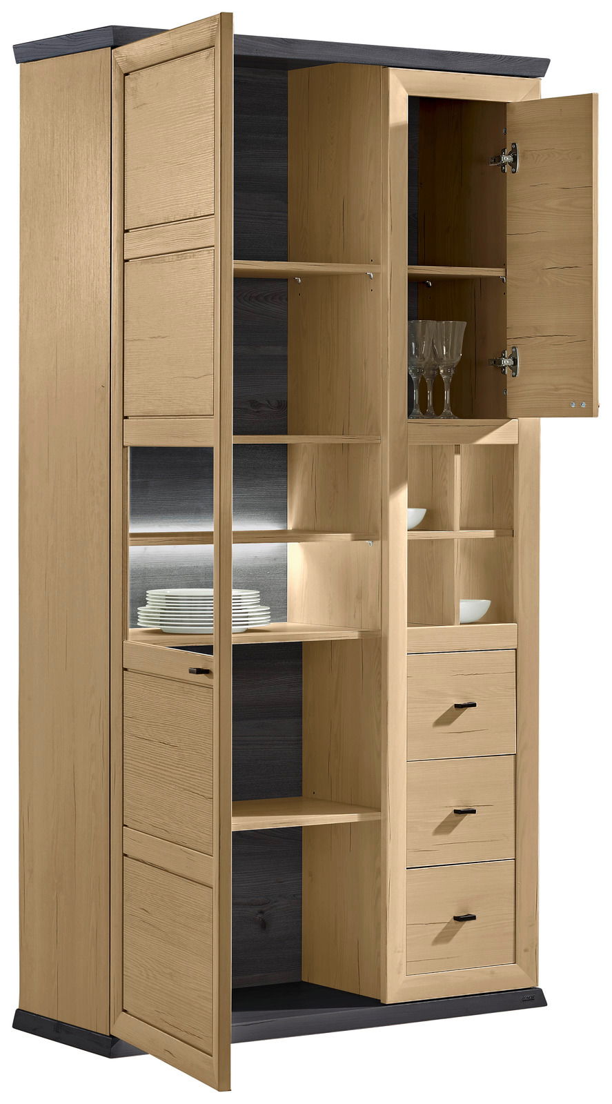 Geöffnete Vitrine aus Holz mit mehreren Regalböden, Schubladen und Glastüren, seitliche Perspektive