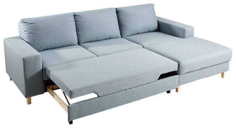 Graues Ecksofa mit ausziehbarem Bett, Perspektive von vorne links