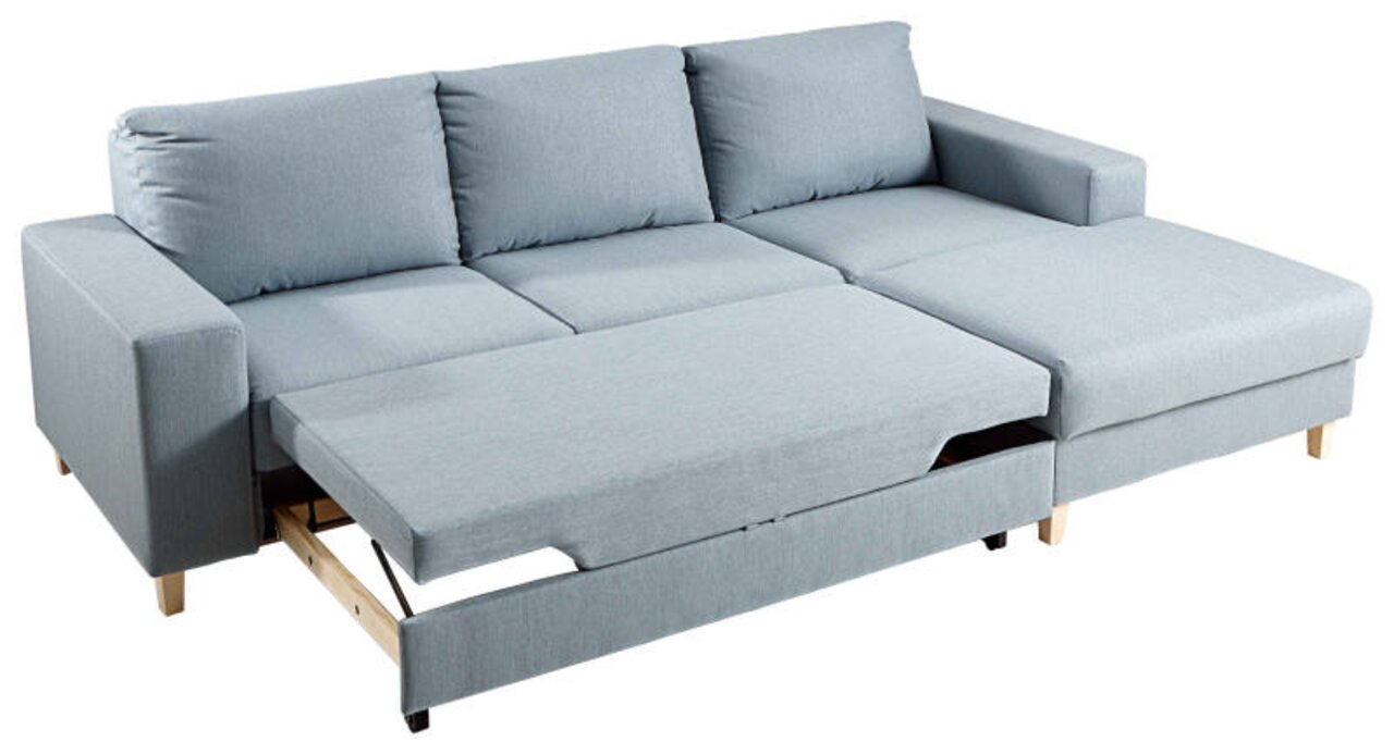 Graues Ecksofa mit ausziehbarem Bett, Perspektive von vorne links