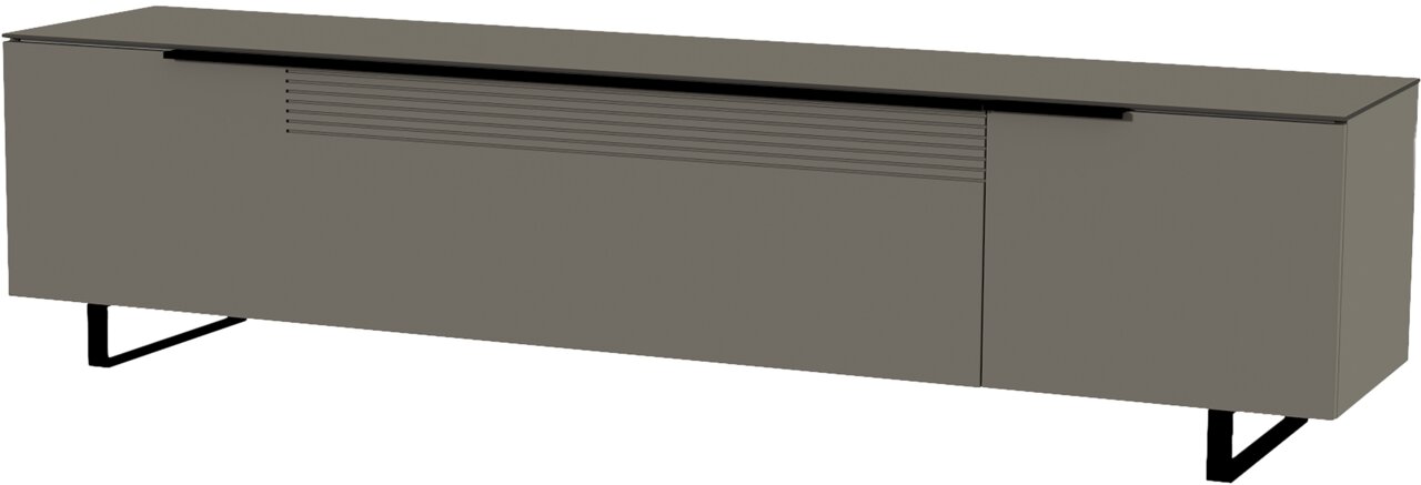 Modernes XL TV-Lowboard in grauer Farbe mit minimalistischen Linien, seitliche Perspektive
