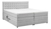 Graues Boxspringbett mit gepolstertem Kopfteil, seitlicher Perspektive