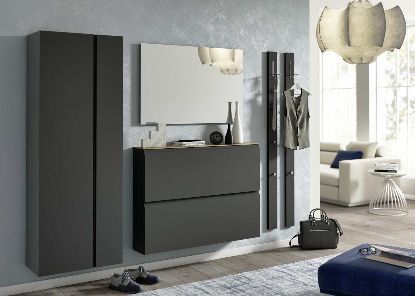 Modernes Garderobenset in dunklem Design mit Schrank, Spiegel und Hakenleiste, seitliche Perspektive