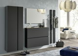 Modernes Garderobenset in dunklem Design mit Schrank, Spiegel und Hakenleiste, seitliche Perspektive