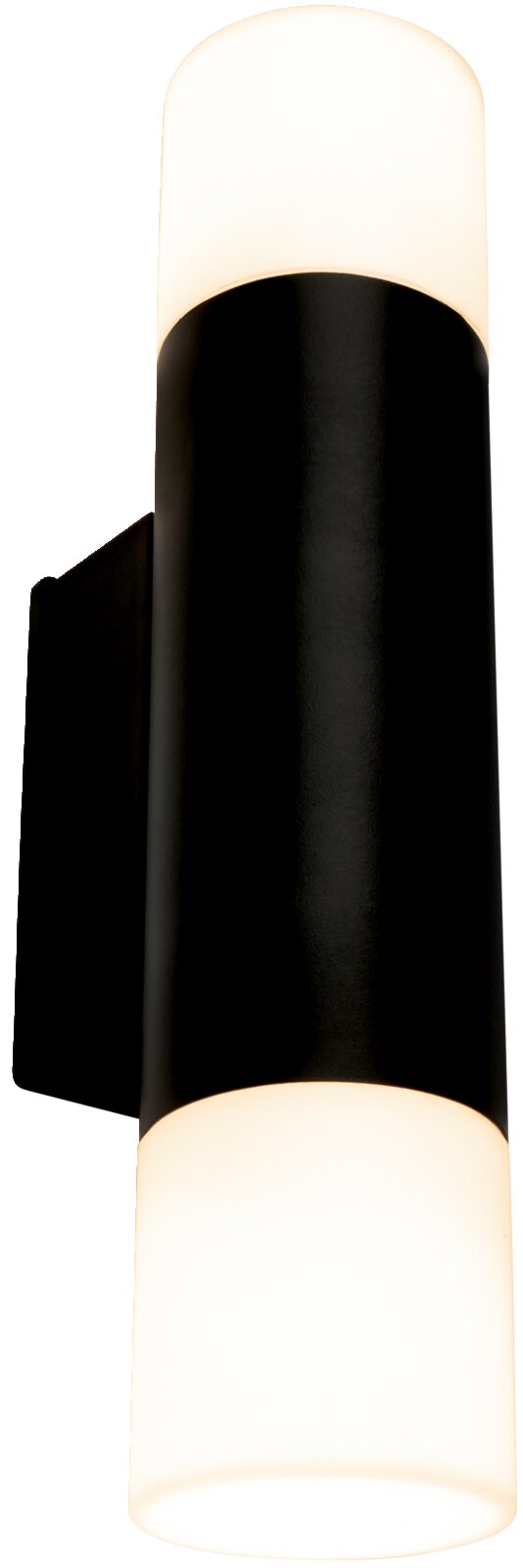 Briloner Badleuchte BRILO Schwarze zylindrische Wandleuchte mit zwei opalweißen Diffusoren oben und unten, seitliche Frontansicht auf weißem Hintergrund