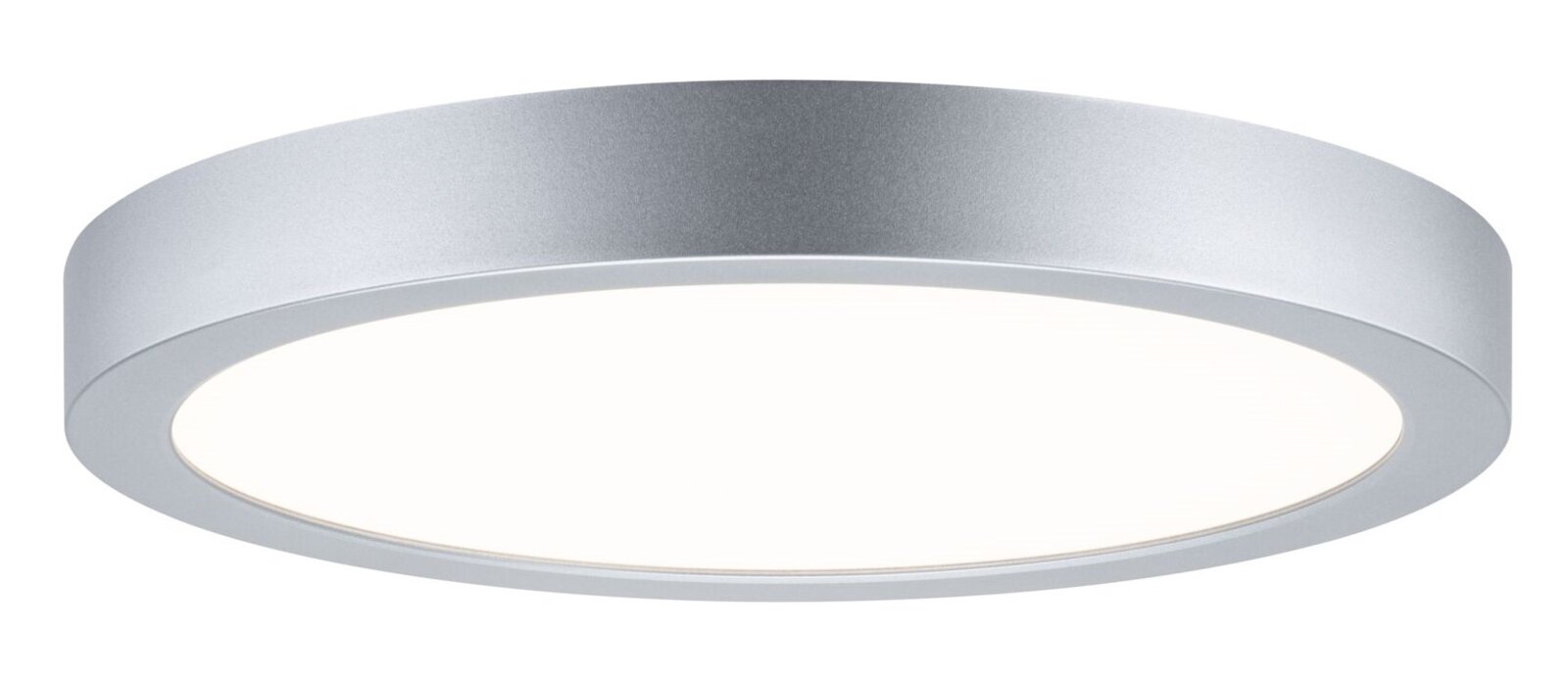 Runde, flache LED-Deckenleuchte in Silber mit großflächigem weißem Diffusor, Produktansicht schräg von unten