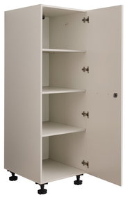 Weißer Hochschrank mit geöffneter Tür und drei Einlegeböden, Innenansicht mit verstellbaren Füßen, fotografiert in leichter Frontansicht von schräg rechts.