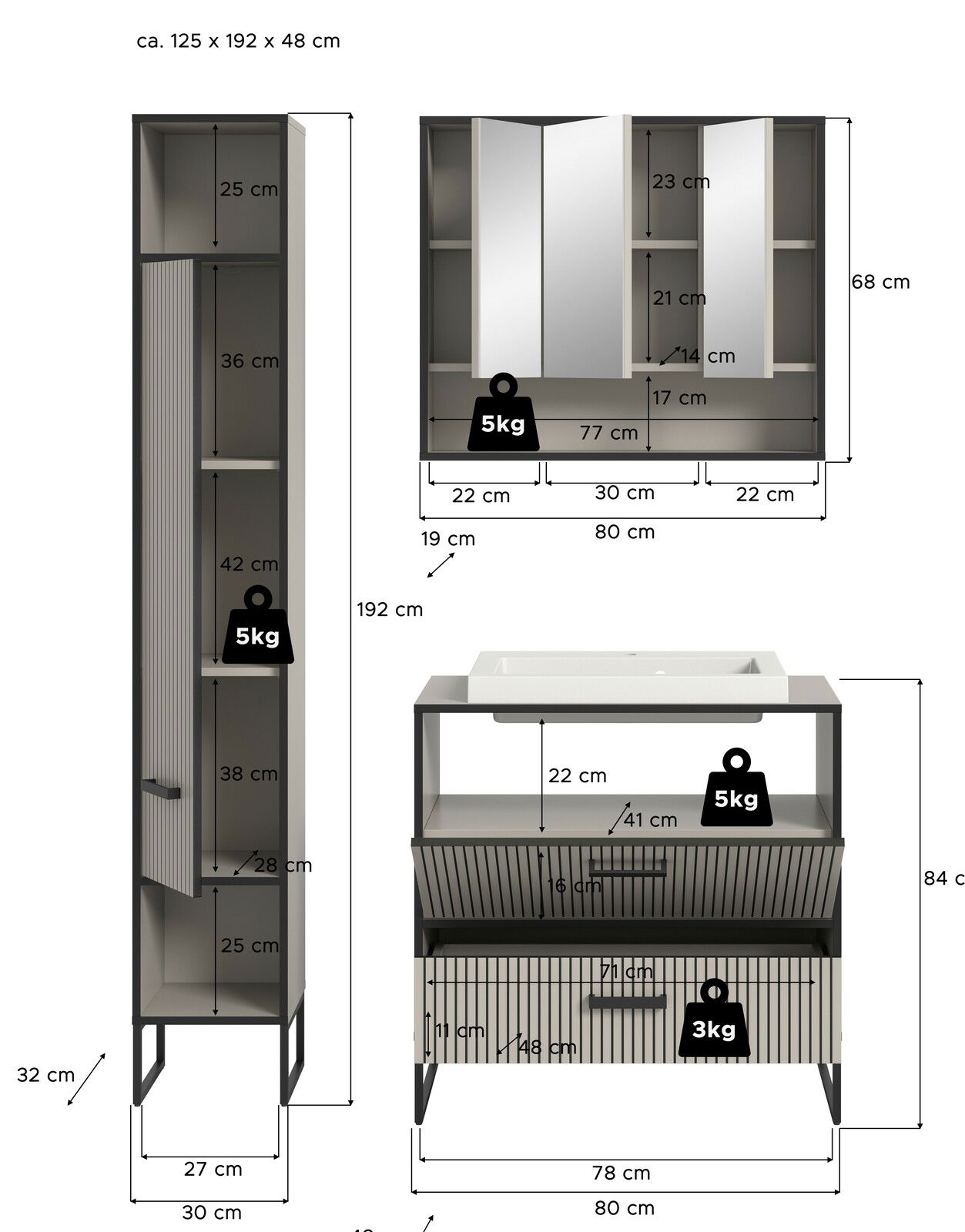 Badkombination bestehend aus einem hohen Schrank, einem Spiegelschrank und einem Waschtisch mit Waschbecken, frontal abgebildet. Maße: ca. 125 x 192 x 48 cm.