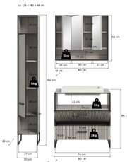 Badkombination bestehend aus einem hohen Schrank, einem Spiegelschrank und einem Waschtisch mit Waschbecken, frontal abgebildet. Maße: ca. 125 x 192 x 48 cm.