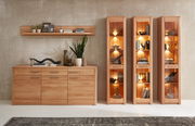 Wandboard aus Holz in einem modernen Wohnzimmer, frontal betrachtet, dekoriert mit Pflanzen, Büchern und Bildern.