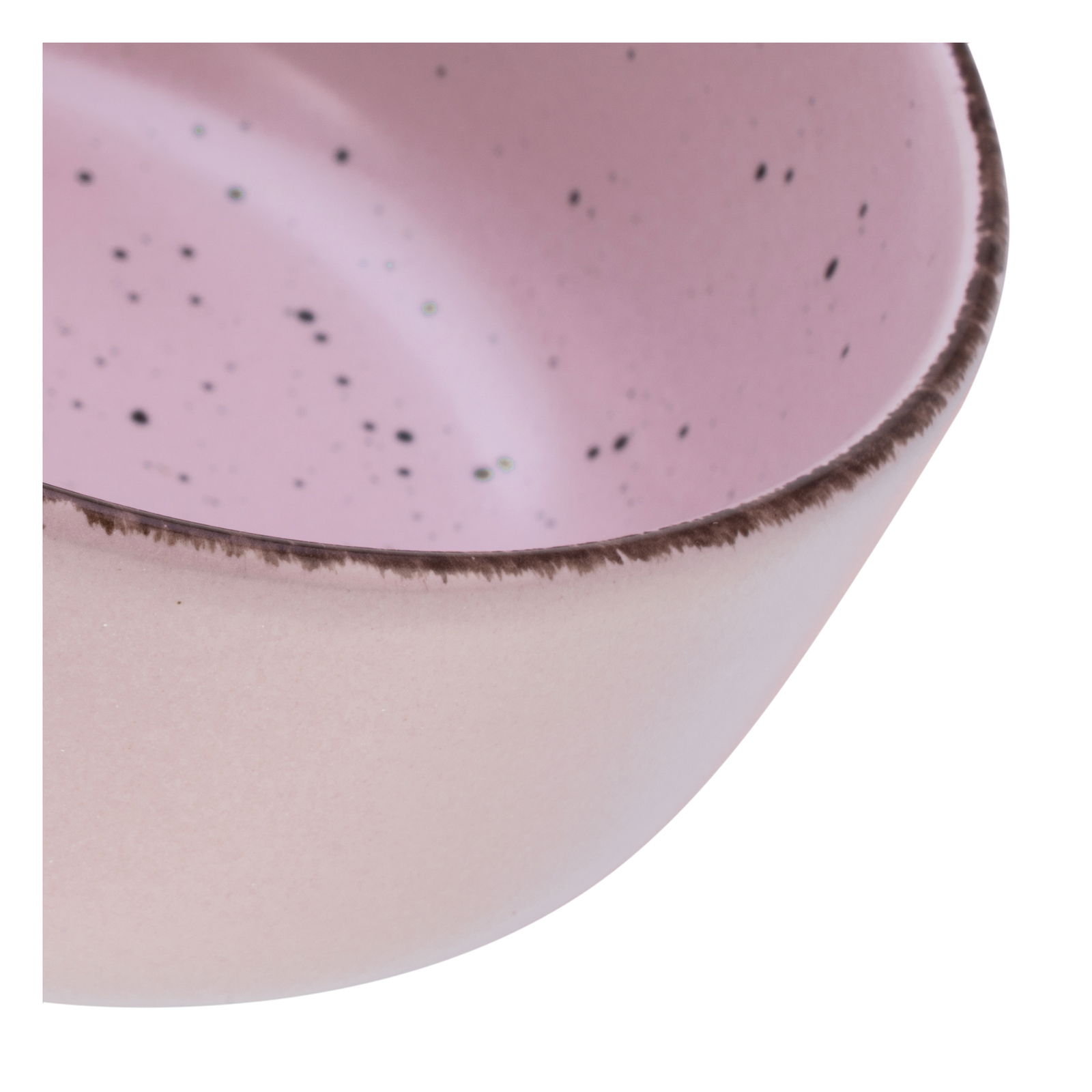 Nahaufnahme einer rosa Schale mit gesprenkeltem Muster und dunklem Rand.