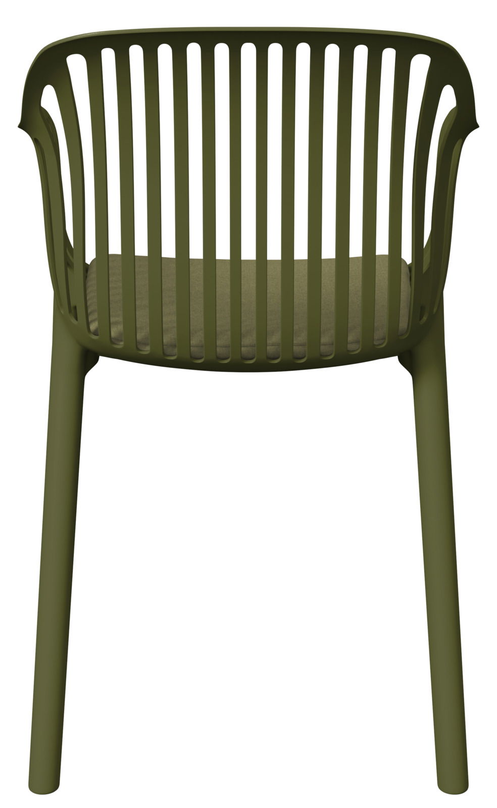Grüner Stapelsessel aus Kunststoff mit vertikalen Streben, Rückansicht