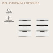 Zwei weiße Kommoden mit drei Schubladen und schwarzen Griffleisten, frontal in leichter Draufsicht dargestellt; Hinweisgrafik zu viel Stauraum und Kippschutzsicherung.