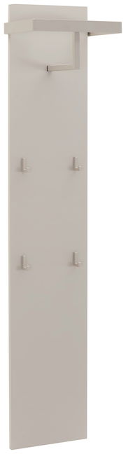 Modernes Garderobenpaneel in seitlicher Perspektive mit mehreren Haken und einer Ablagefläche oben.