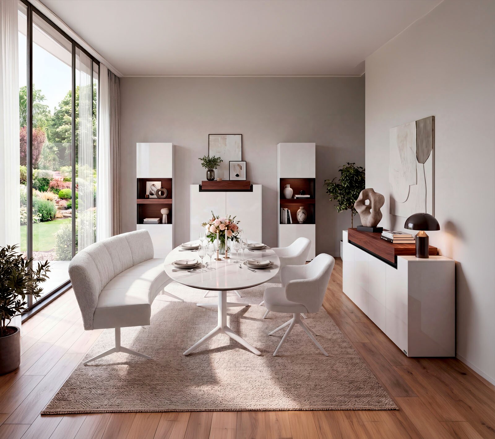 Modern ingerichte eetkamer vanuit frontaal perspectief, met witte ovale eettafel, gebogen eetbank, stoelen en elegante witte kasten met donkere houtaccenten
