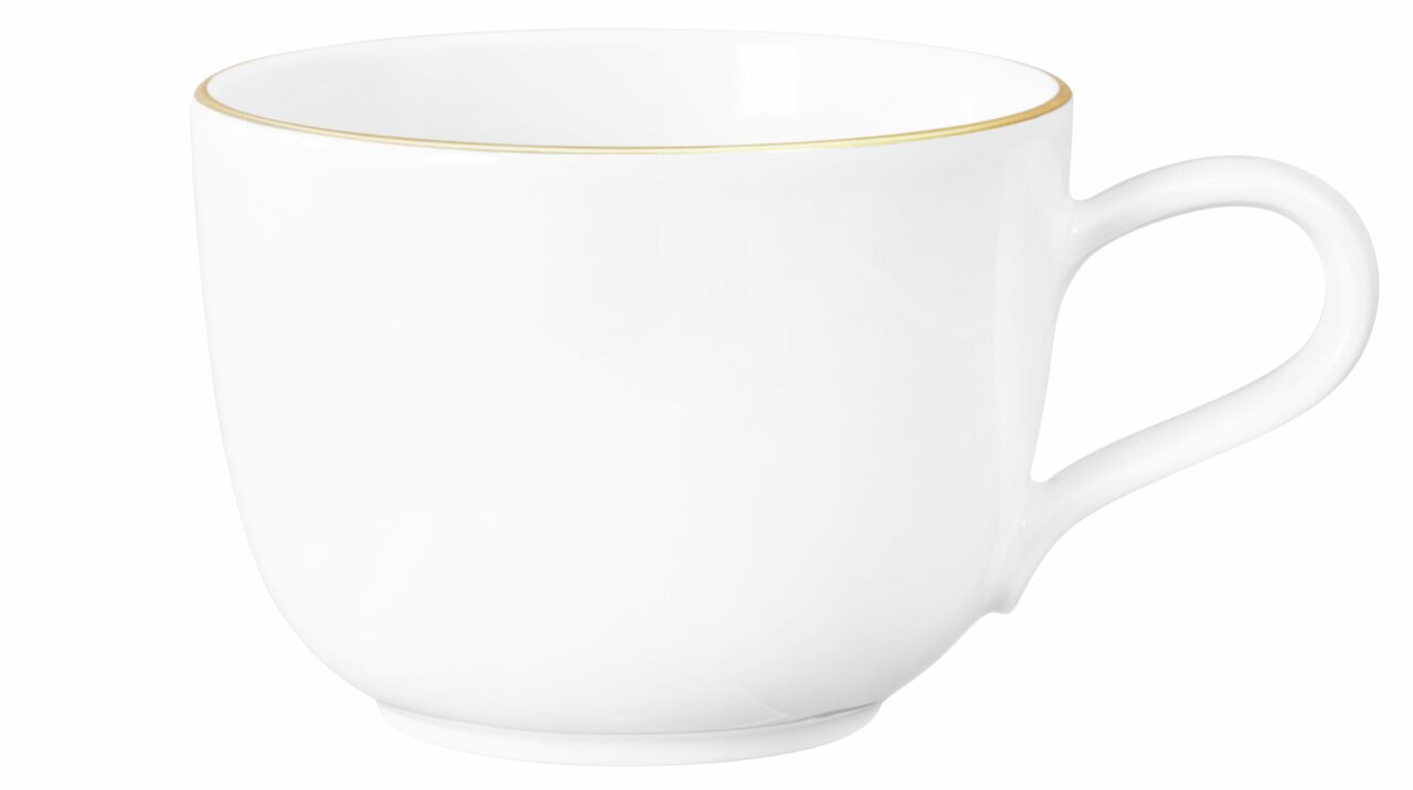 Weiße Kaffeetasse Liberty 0,26l mit goldener Umrandung, seitliche Perspektive
