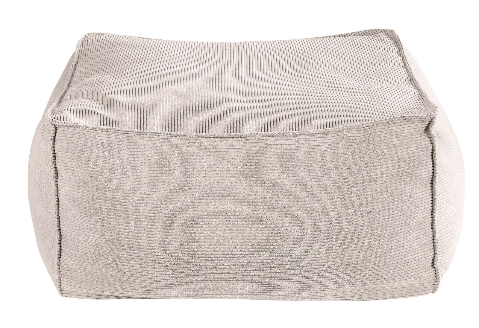 Quadratischer Hocker aus beigem Stoff mit gerippter Textur, seitliche Perspektive