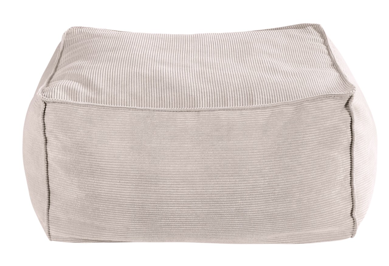Vierkante poef van beige stof met geribbelde structuur, zijaanzicht