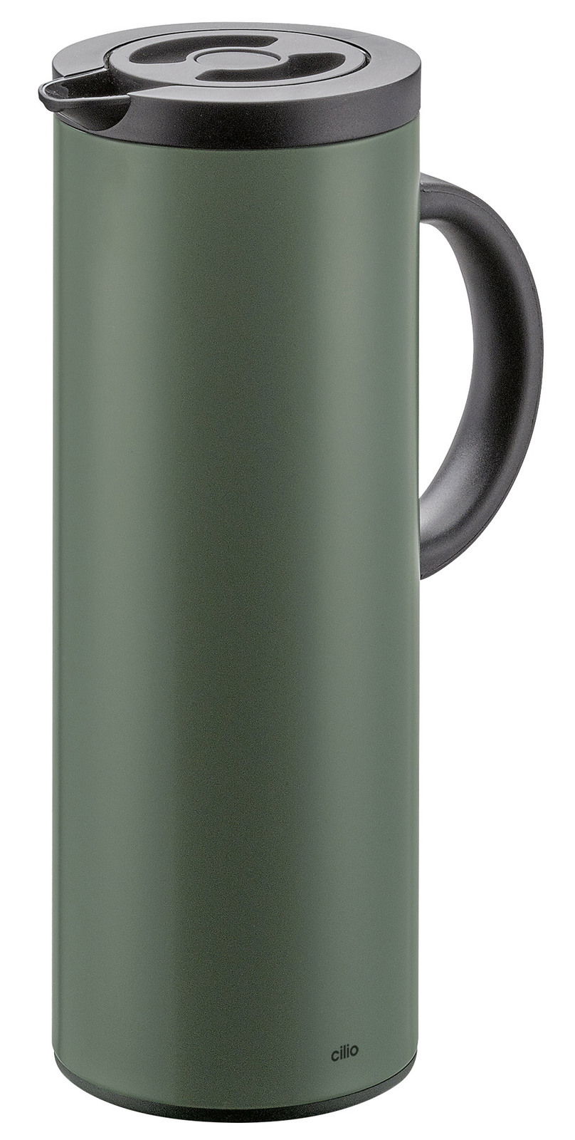Cilio Isolierkanne FIRENZE 1L Grüne Isolierkanne mit schwarzem Deckel und Griff, seitliche Perspektive