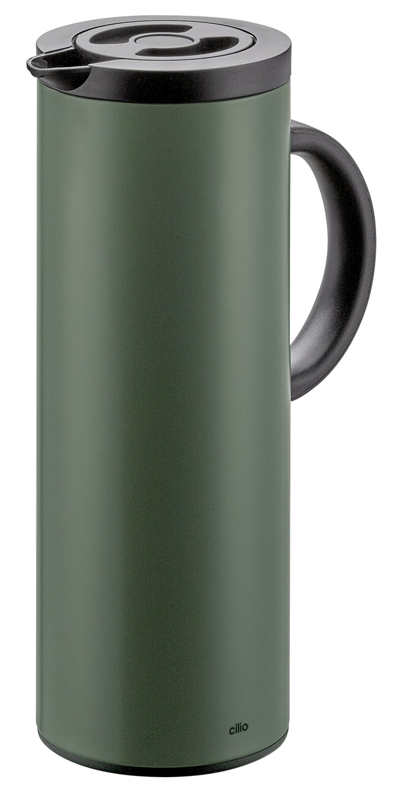 Groene thermoskan met zwarte deksel en handvat, zijaanzicht