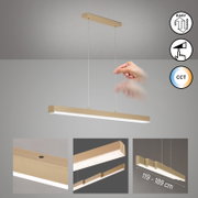 Goldfarbene LED-Pendelleuchte in länglicher Balkenform mit zwei Seilaufhängungen, per Hand höhenverstellbar, Ansicht schräg von vorn unten; Detailbilder zeigen Touch-Bedienung, CCT-Farbtemperaturwechsel und Längenangabe 119–189 cm.