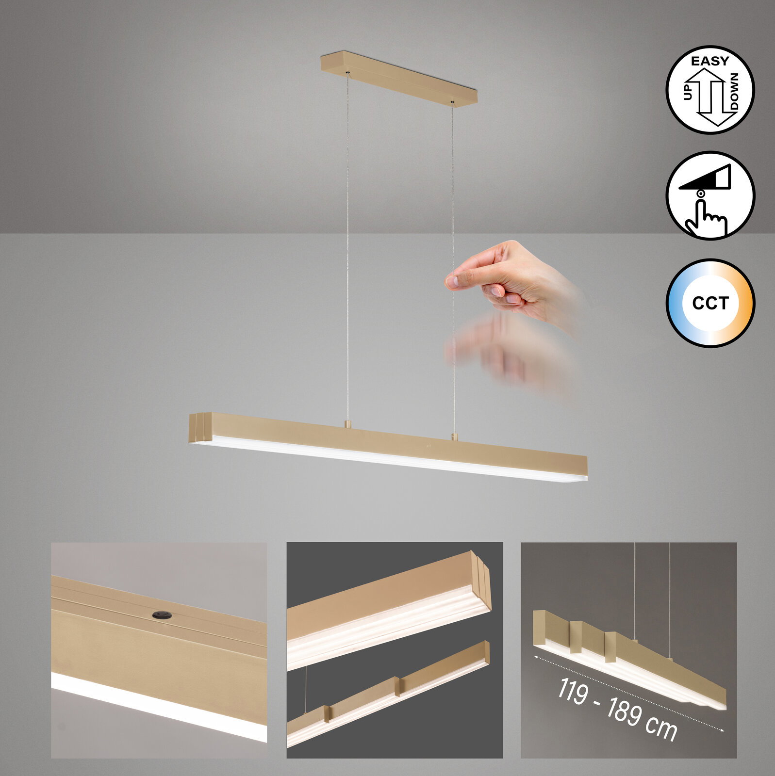 Goldfarbene LED-Pendelleuchte in länglicher Balkenform mit zwei Seilaufhängungen, per Hand höhenverstellbar, Ansicht schräg von vorn unten; Detailbilder zeigen Touch-Bedienung, CCT-Farbtemperaturwechsel und Längenangabe 119–189 cm.
