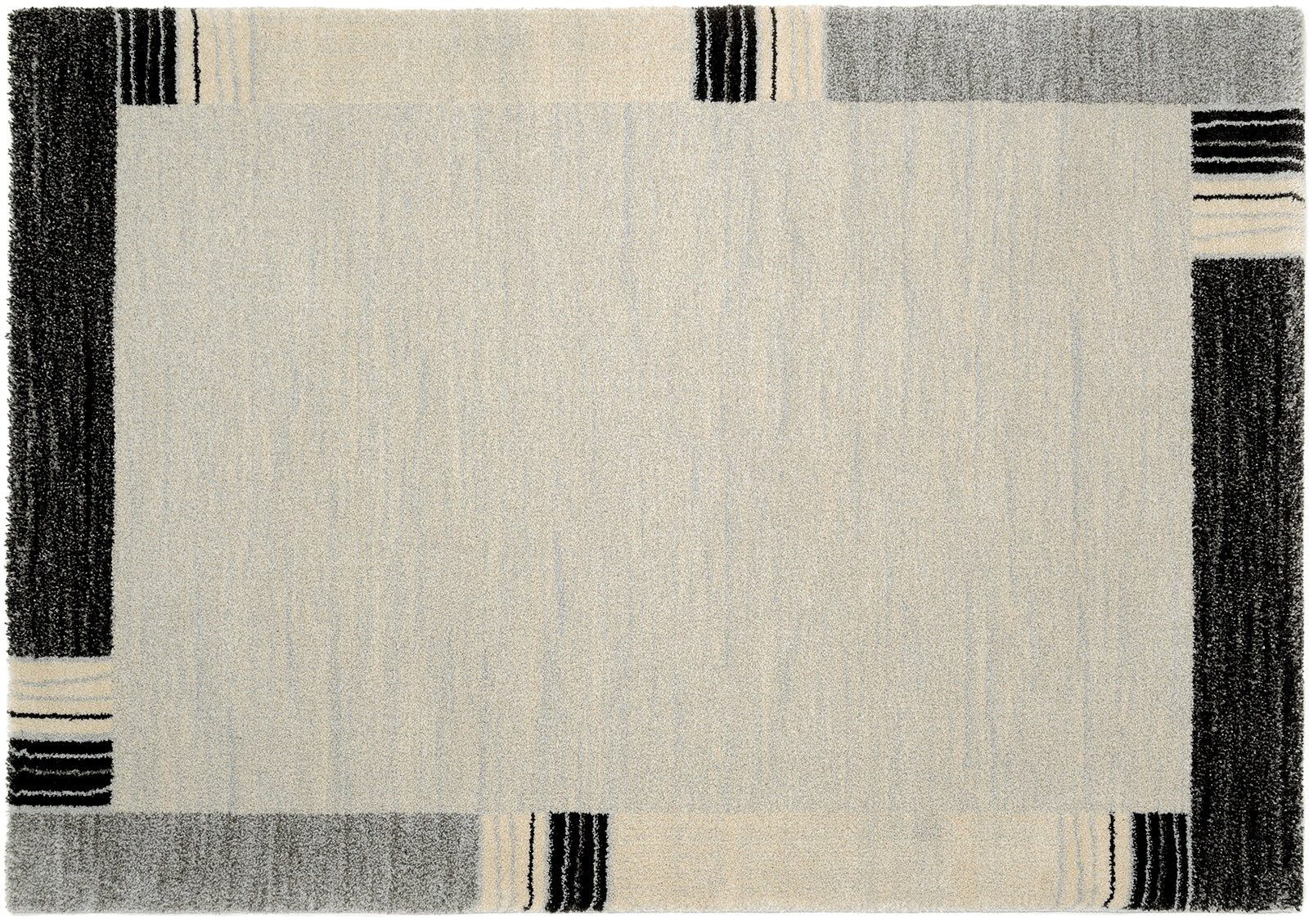 Teppich Castle Flora in der Größe ca. 65x130cm mit einem modernen Design in Grau- und Schwarztönen, aus der Vogelperspektive fotografiert.