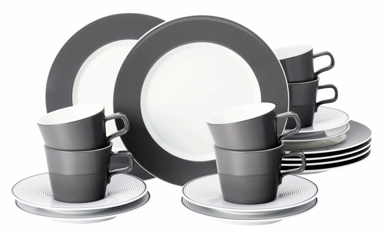 Kaffeeset No Limits 18-tlg. in moderner, grauer und weißer Farbgebung, bestehend aus Tassen, Untertassen und Tellern, seitliche Perspektive