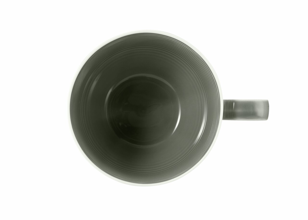 Ansicht von oben auf eine Kaffeetasse mit Relief, 0,26l, graue Innenseite, mit Henkel rechts.