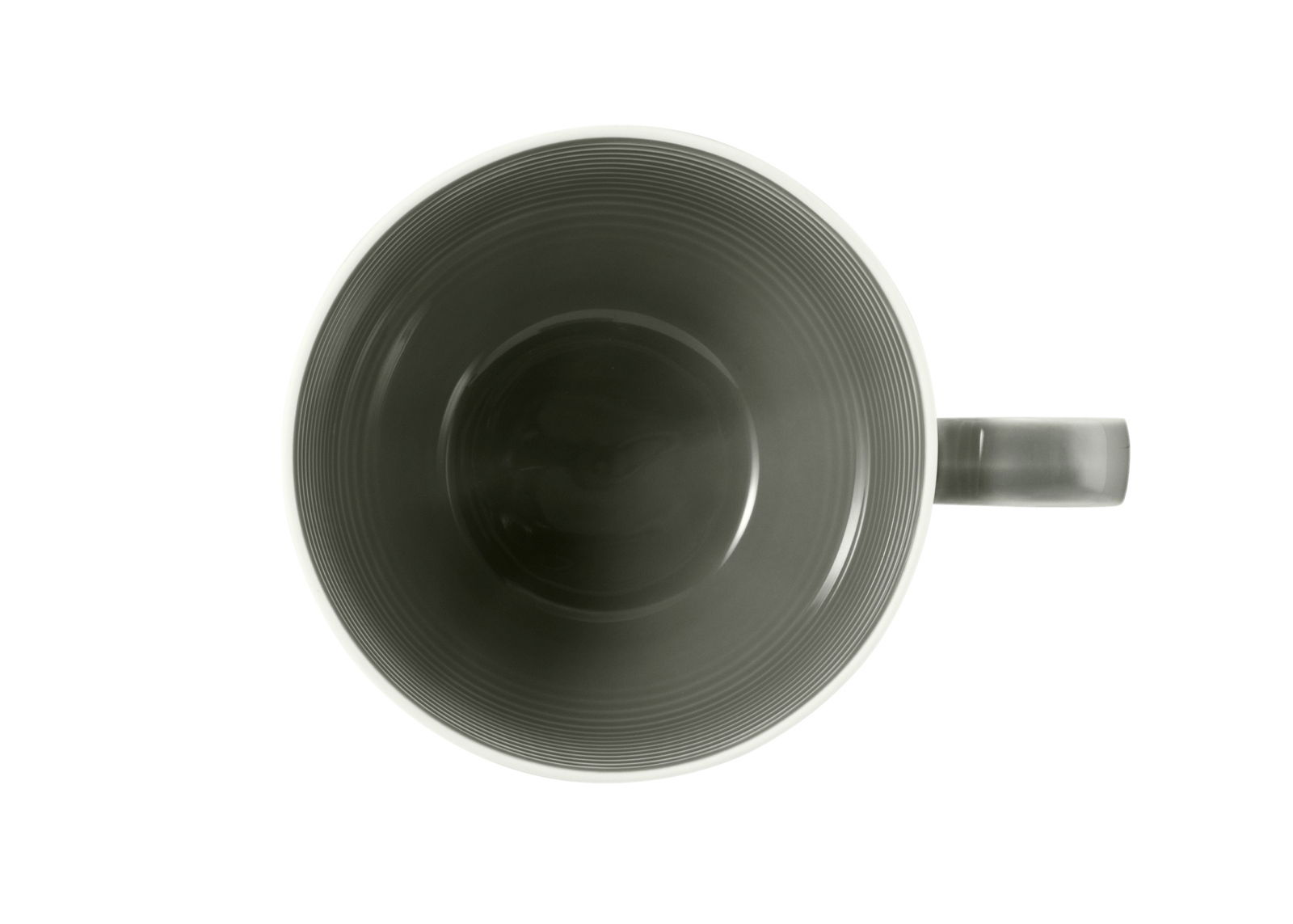 Ansicht von oben auf eine Kaffeetasse mit Relief, 0,26l, graue Innenseite, mit Henkel rechts.