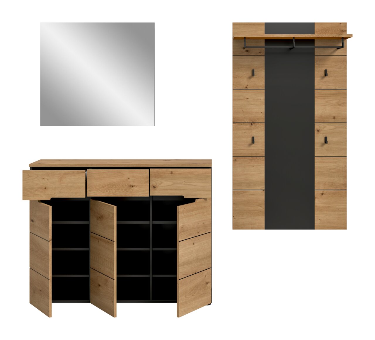 Moderner Holzschuhschrank mit schwarzem Mittelpanel und mehreren Fächern, Türen teilweise geöffnet, Frontansicht; zusätzlich Spiegel und Draufsicht dargestellt.