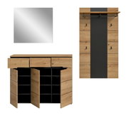 Moderner Holzschuhschrank mit schwarzem Mittelpanel und mehreren Fächern, Türen teilweise geöffnet, Frontansicht; zusätzlich Spiegel und Draufsicht dargestellt.
