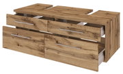 Waschbeckenunterschrank aus Holz mit vier Schubladen, teilweise geöffnet, in einer schrägen Perspektive von vorne rechts.