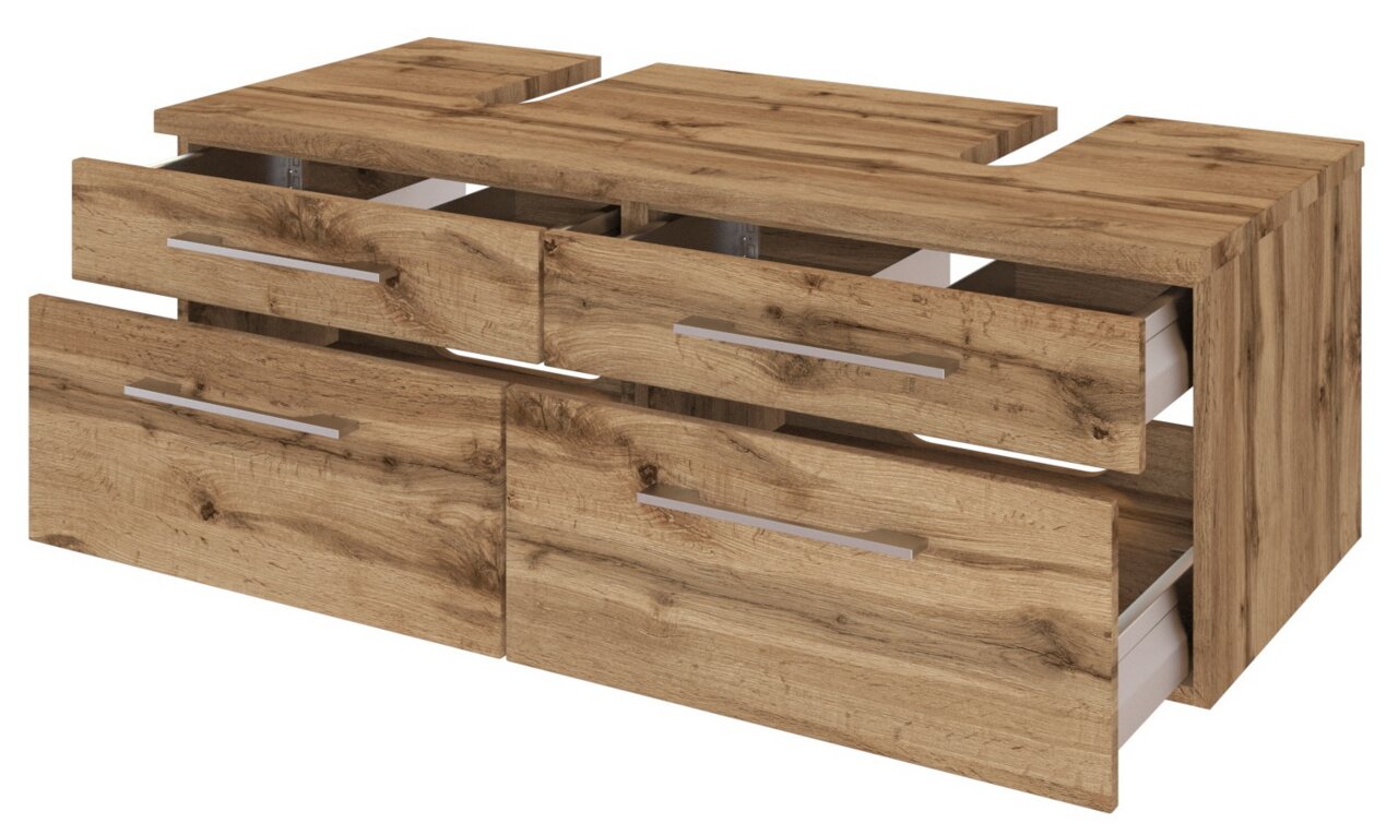 Waschbeckenunterschrank aus Holz mit vier Schubladen, teilweise geöffnet, in einer schrägen Perspektive von vorne rechts.