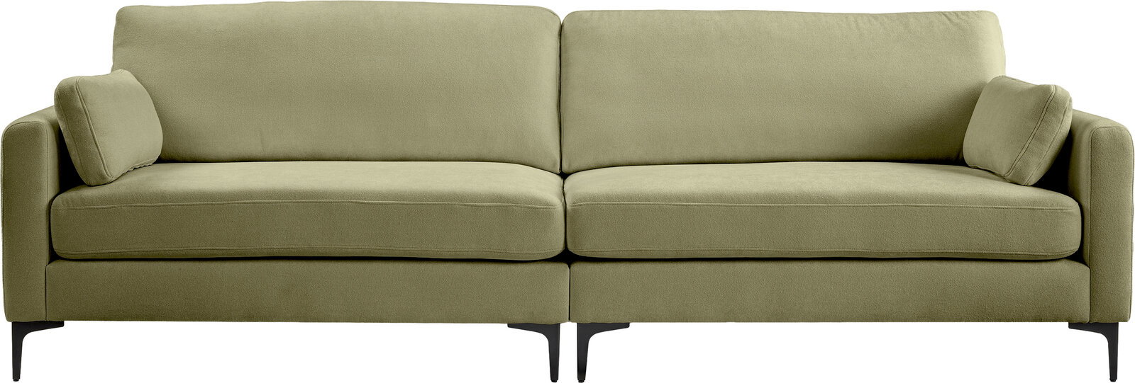 Olivgrünes 2-Sitzer-Sofa mit Stoffbezug, zwei Sitz- und Rückenkissen, seitlichen Armlehnenkissen und schwarzen Metallfüßen, Frontansicht