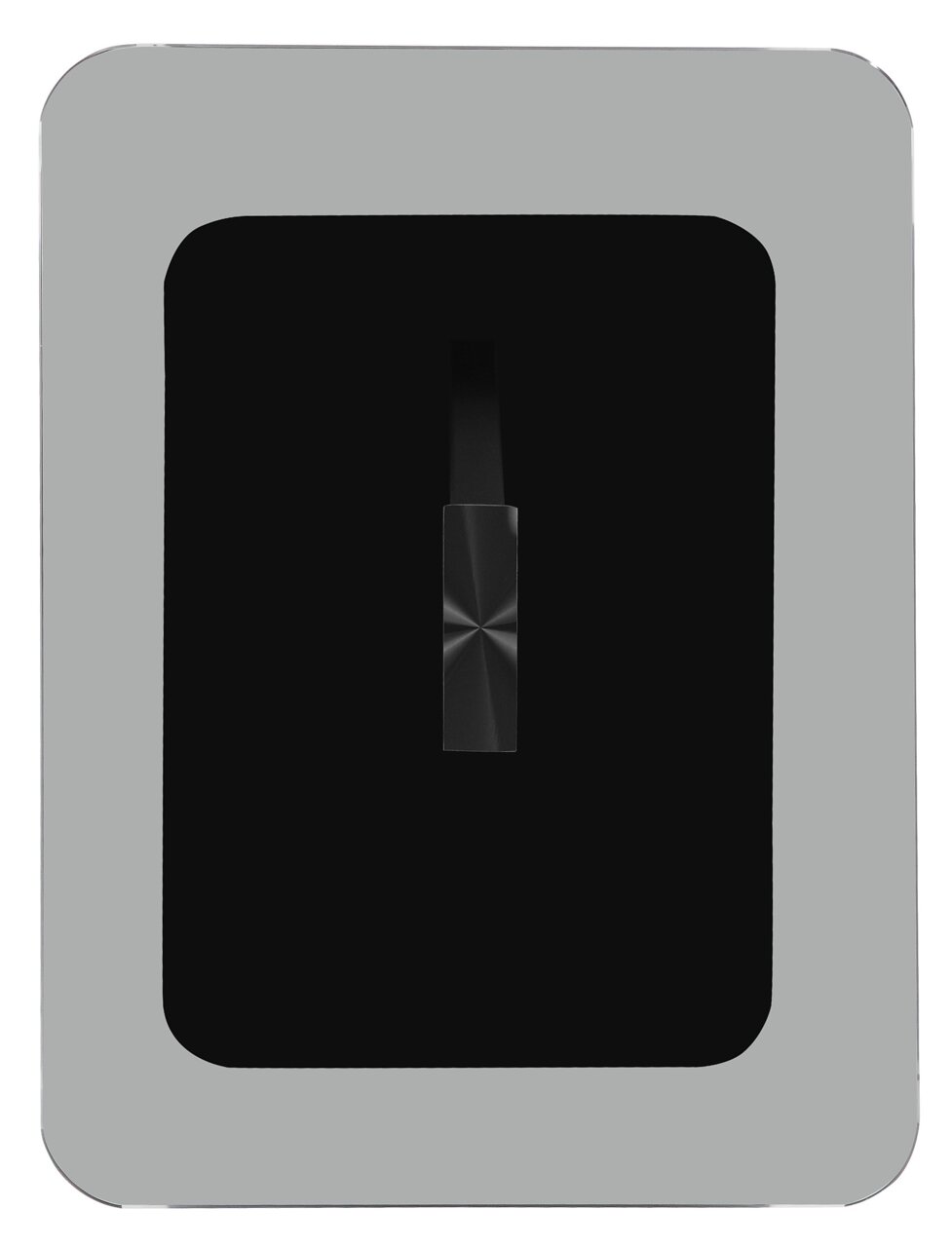 Vogelperspektive auf einen modernen Beistelltisch mit rechteckiger Form und zentralem, dunklem Akzent.