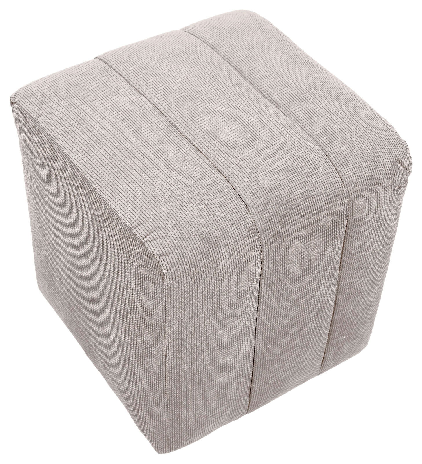 Grauer Hocker aus Stoff in schräger Draufsicht