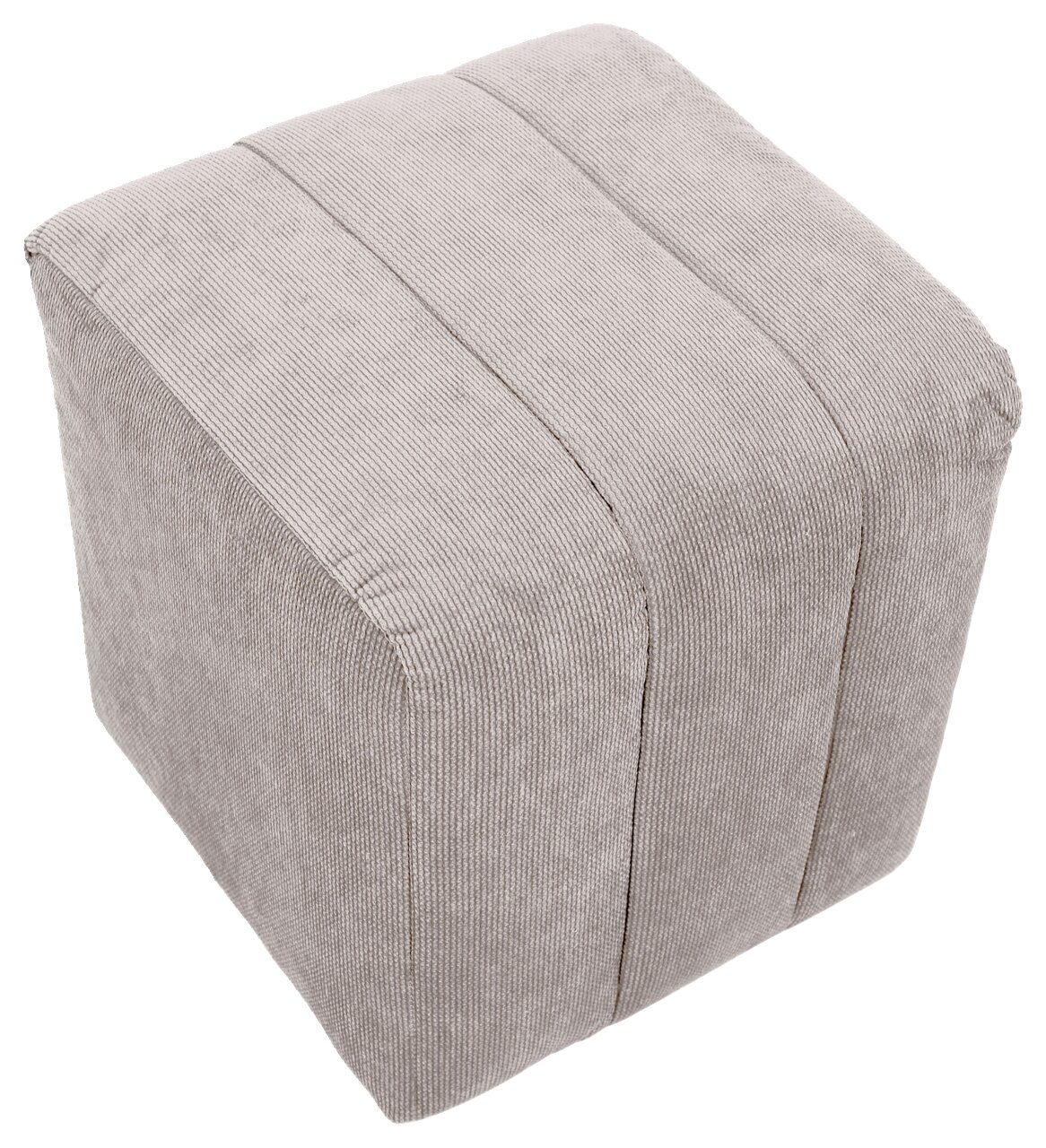 Grauer Hocker aus Stoff in schräger Draufsicht