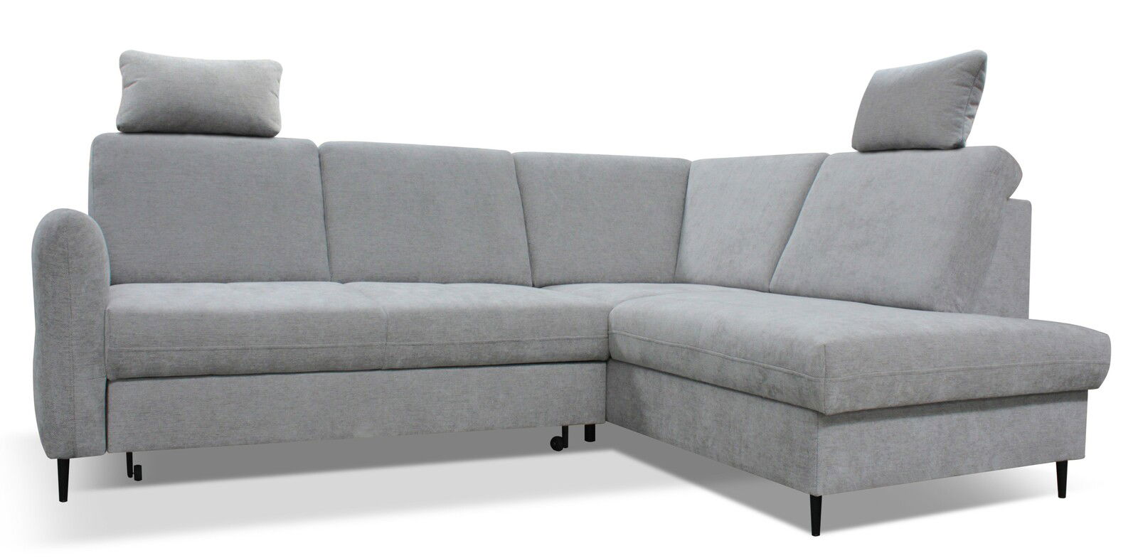 Graues Ecksofa mit Kopfstützen, seitliche Perspektive