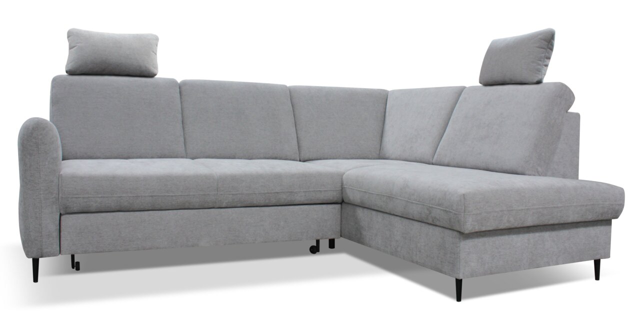 Graues Ecksofa mit Kopfstützen, seitliche Perspektive