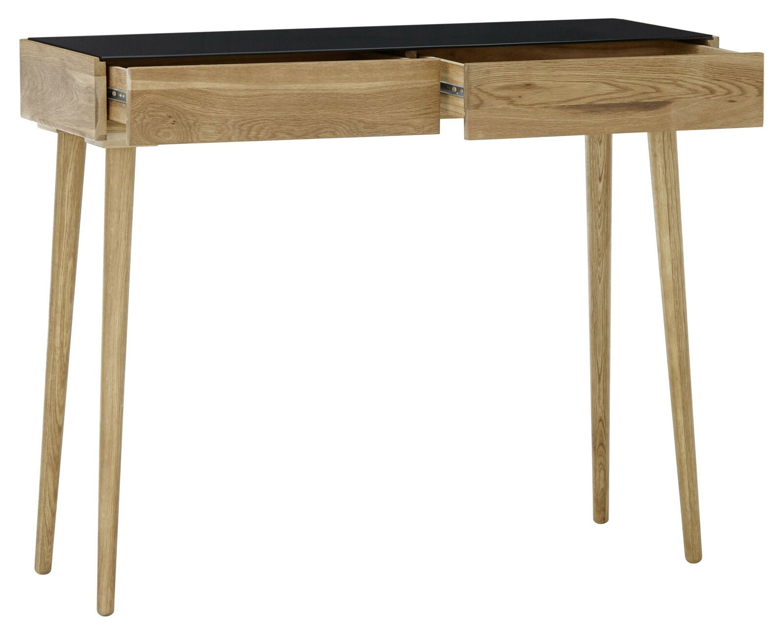 Holzkonsole mit zwei Schubladen, seitliche Perspektive