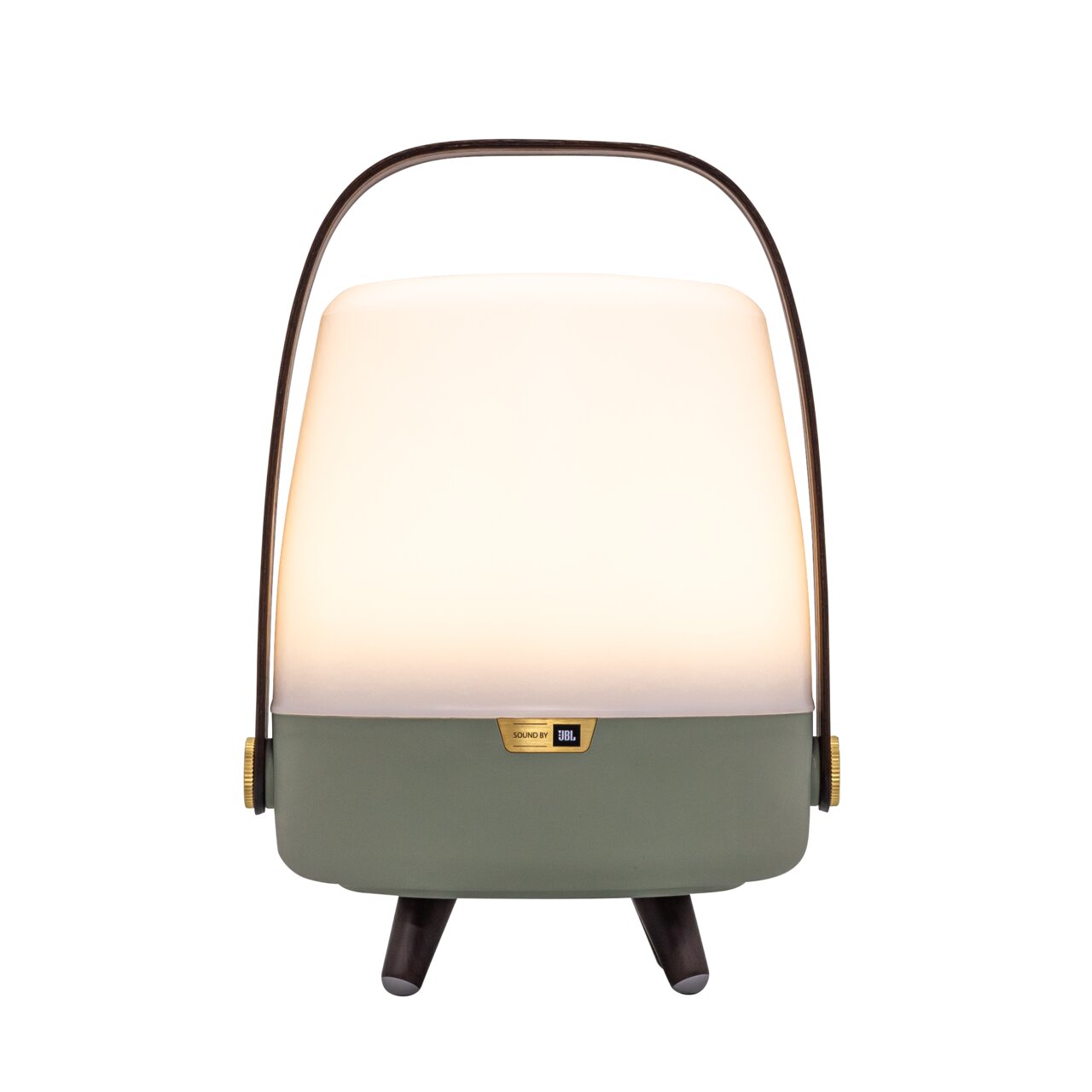 Frontansicht einer tragbaren Lampe mit grünem Sockel und weißem Leuchtkörper, ausgestattet mit einem Griff und JBL-Logo.