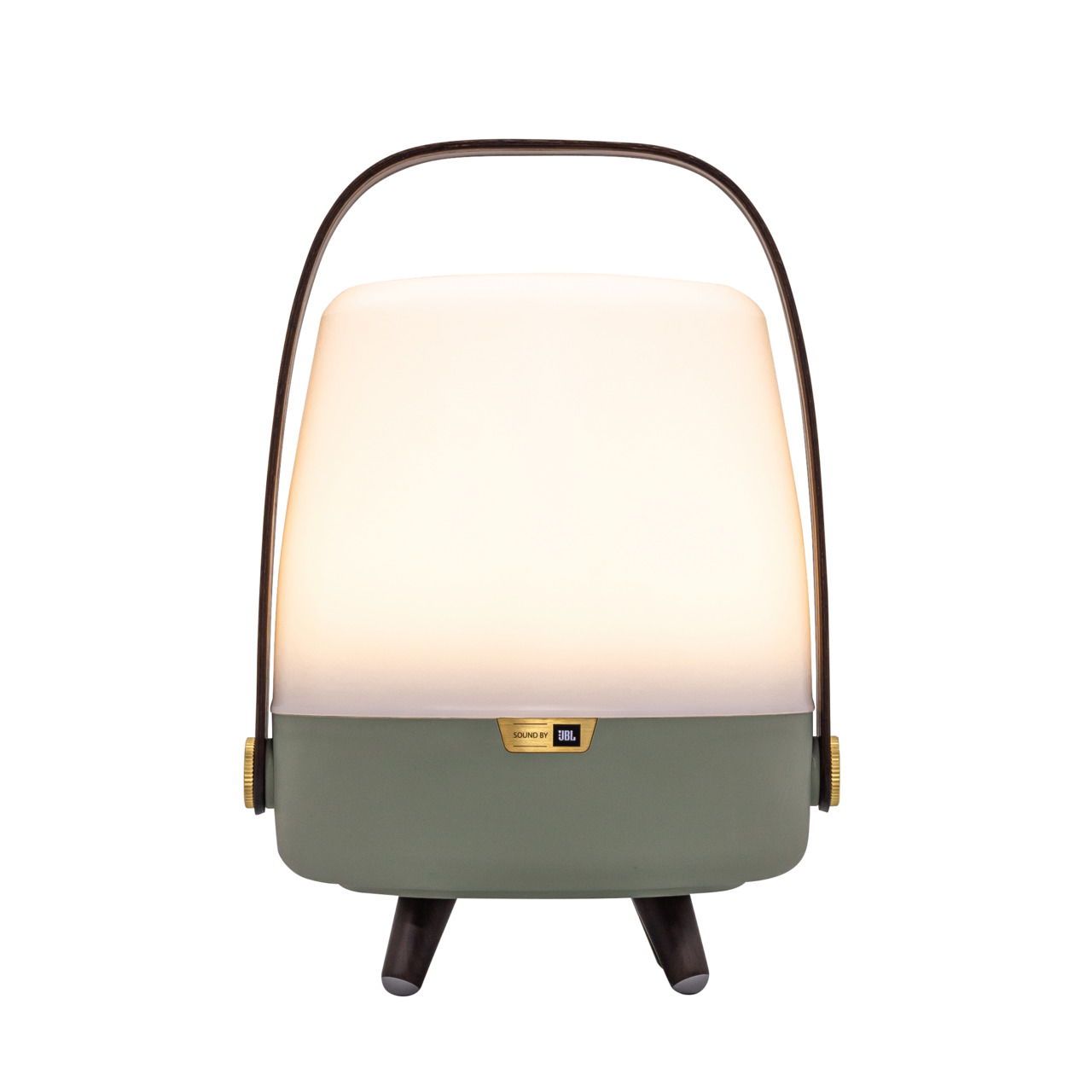 Frontansicht einer tragbaren Lampe mit grünem Sockel und weißem Leuchtkörper, ausgestattet mit einem Griff und JBL-Logo.