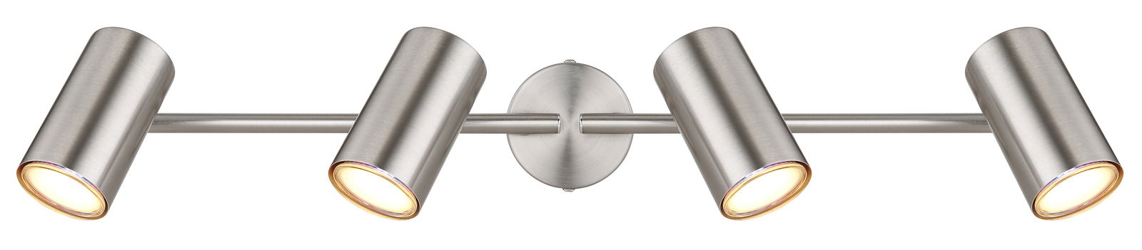 Moderner Strahler mit vier verstellbaren Leuchten in gebürstetem Metall, frontale Ansicht