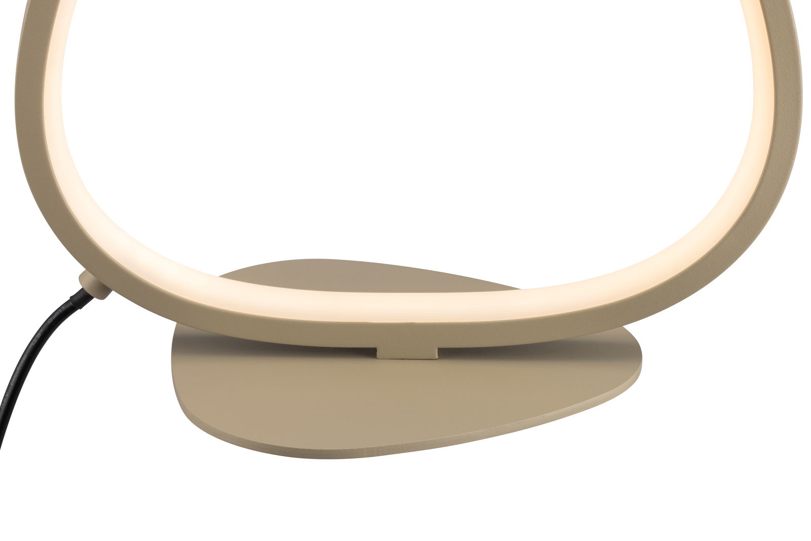 Nahaufnahme einer modernen LED-Tischleuchte mit ovalem, leuchtendem Rahmen und elegantem, minimalistischem Design.