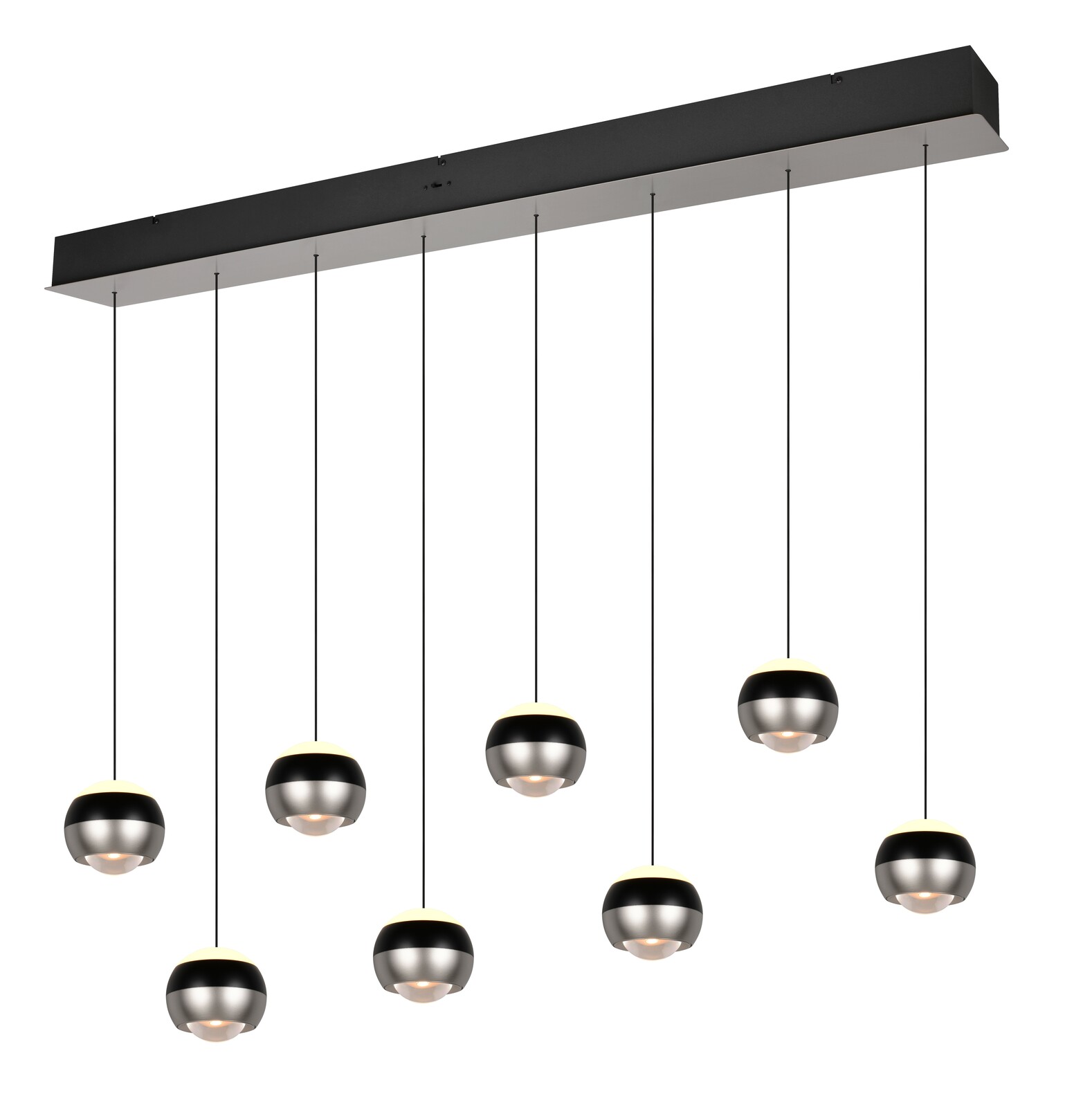 Moderne Pendelleuchte mit sieben kugelförmigen Lampenschirmen, hängend an dünnen Kabeln von einer rechteckigen Deckenhalterung, seitliche Perspektive