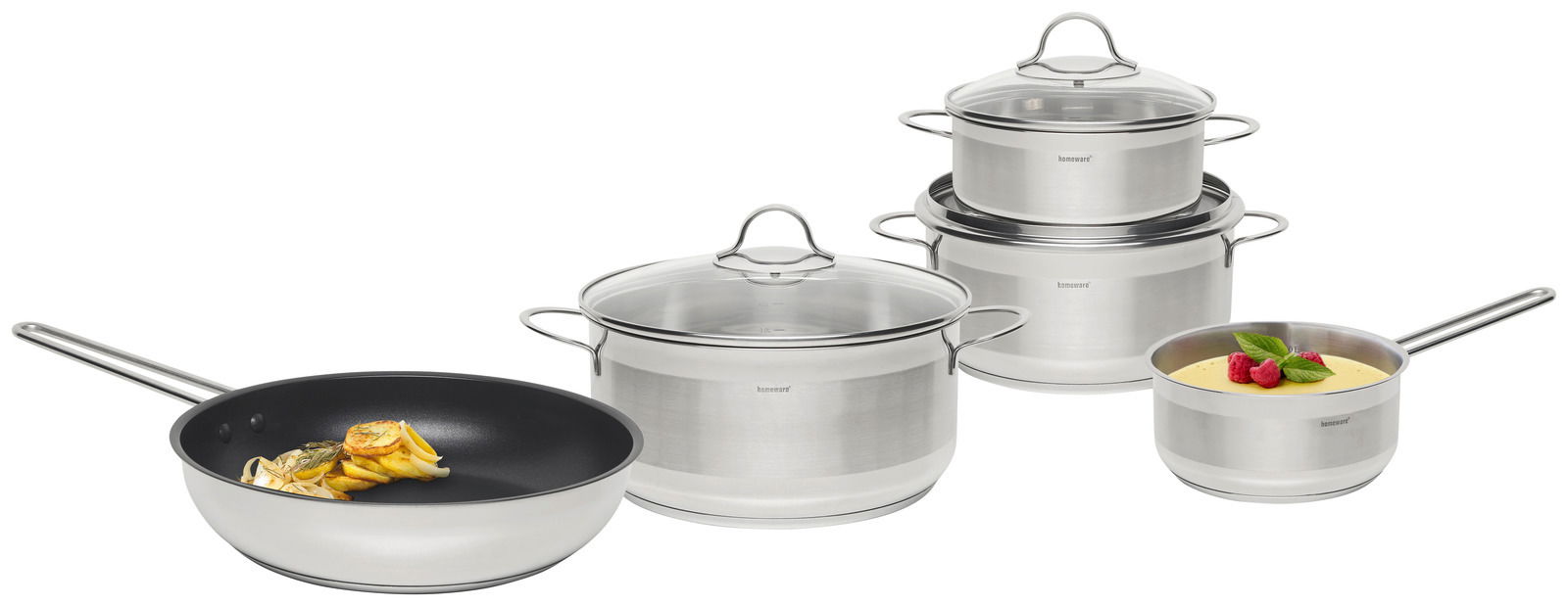 Topfset 5-tlg. aus Edelstahl, bestehend aus drei Töpfen mit Glasdeckeln, einer Pfanne mit Bratkartoffeln und einem Stieltopf mit Dessert, seitliche Perspektive