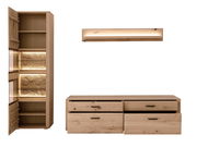 Holz-Wandkombination mit beleuchtetem Regal, Schrank und Schubladen, Frontalansicht